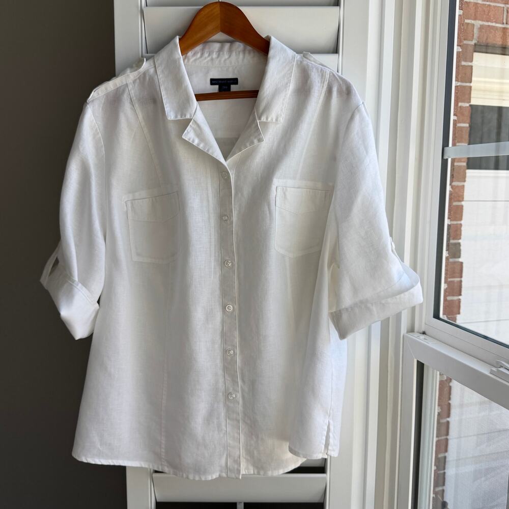 WESTBOUND White 100% Linen Button Up Shirt Top Womens 24W Short Roll Tab Sleeve